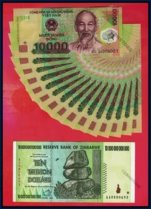 10 Trillion Zimbabwe Dollars + 15 x 10,000 Vietnam Dong Bundle Set Currency Lot - Picture 1 of 3