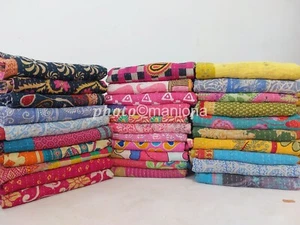 Vintage Kantha Quilt Indian flowers twins Bedspread Reversible Blanket Throw - Picture 1 of 3
