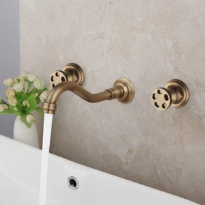 Wall Mount 3PCS Bathroom Basin Antique Brass Sink Tub Faucet 2 Handles Mixer Tap - Picture 1 of 11