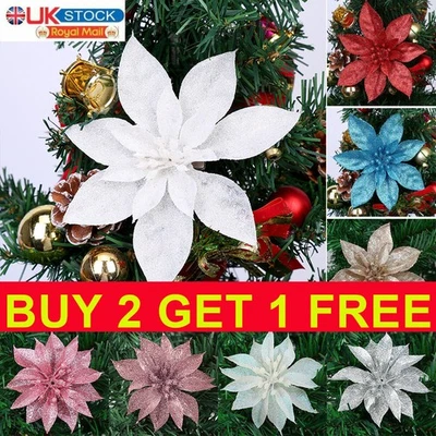 FAIRY-STATION 10X Large Christmas Glitter Poinsettia Flower Tree Hanging Party Xmas Decor UK