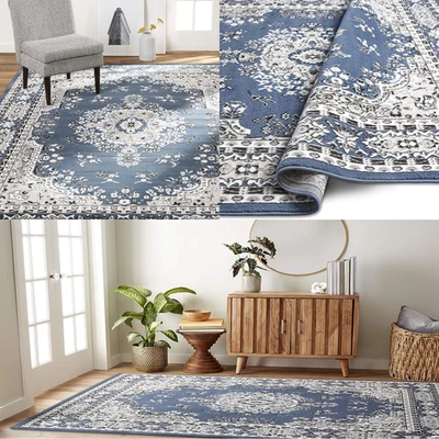 Alfombras de área de 8'x10' interiores tradicionales con borde floral diseño medallón azul/marfil Foto 1 de 4