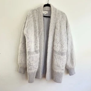 Vintage Angora Pelz Long Cardigan Pullover leichte Jacke Fronttaschen klein - Bild 1 von 10