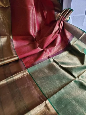 Mujer Pura Seda Real Brocado Estilo Rekha Kanjivaram Sari Boda Telar Manual Foto 1 de 4