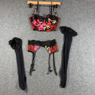 Conjunto de lencería Y2K Victoria's Secret para mujer XS 36B leopardo rojo rosas sujetador liga Foto 1 de 4