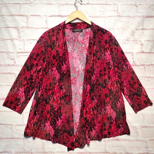Kasper Cardigan Womens Large Pink Black Red Open Front 3/4 Sleeve Stretch Jacket - Picture 1 of 11