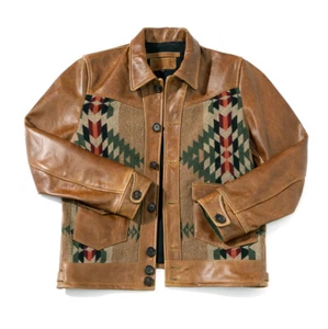 Mens Vintage Leather Western Tribal Aztec Jacket Southwestern Coat Button Navajo - Picture 1 of 13