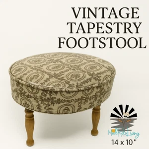 Vintage Small Round Footstool 14" x 10" Vinyl Upholstered Ottoman with Wood Leg - Picture 1 of 9