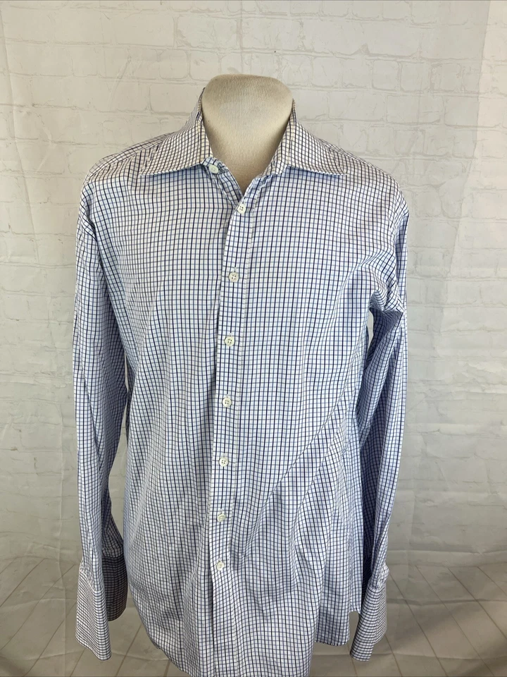 Burberry Men's Blue & White Plaid Cotton Dress Shirt 17 - 43 $695 - Image 1 of 4