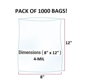 1000 PACK - 8" W x 12" L, 4MIL Plastic Clear Bags Flat Heat Seal Poly Bag HR - Picture 1 of 2