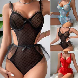 Sexy Women's mesh Lingerie One Piece Babydoll Lace Mini Bodysuit Fancy Sleepwear - Picture 1 of 19