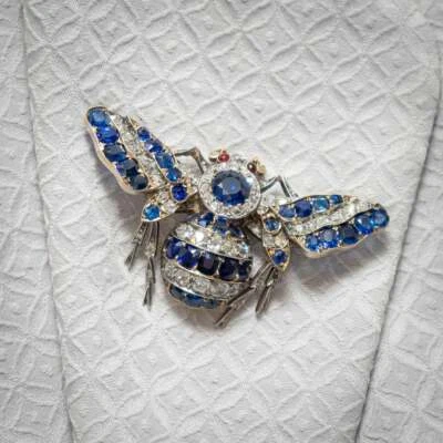 Antique Sapphire & Old Cut Cubic Zirconia With 925 Silver Ruby Eyes Bee Brooch - Image 1 of 4