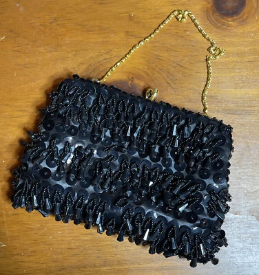 Clutch Bag Black Beaded Evening Purse Hong Kong MCM Kiss Lock Gold Chain Vtg - Image 1 of 4