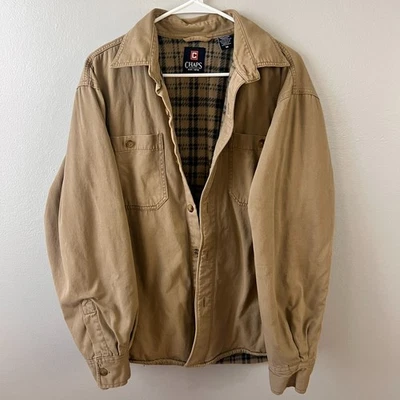 Chaps Mens Medium Flannel Lined Shirt Jacket Workwear Barn Chore Shacket Tan - Image 1 of 4