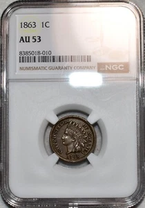 NGC AU-53 1863 Indian Head Cent, Richly Hued w/ Light Luster. - Picture 1 of 2