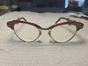Cat Eye Glasses 1950s Art Craft Vintage Metal BRUSHED Pink  1O/12KT  Accent - Picture 1 of 10