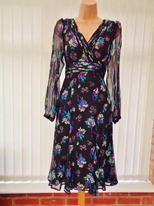 MONSOON BLACK MULTI FLORAL SILK CHIFFON 40'S 50'S MIDI PLEAT TEA DRESS 10 EXC - Picture 1 of 20
