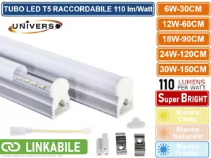 TUBO NEON LED SMD T5 PLAFONIERA RACCORDABILE DA 30CM 60CM 90CM 120CM 150CM IP20 - Foto 1 di 36