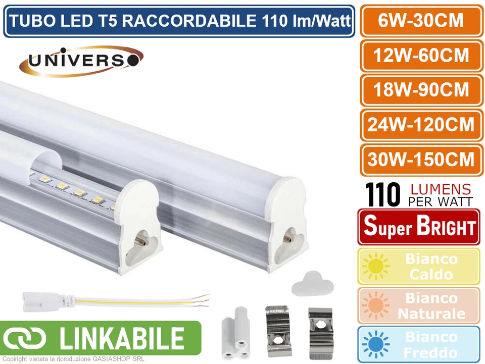 TUBO NEON LED SMD T5 PLAFONIERA RACCORDABILE DA 30CM 60CM 90CM 120CM 150CM IP20 - Immagine 1 di 4