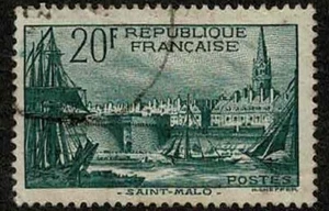 France 1938 20F Dark Green St Malo SG601 Ships Harbour Church G Used For Charity - Picture 1 of 2
