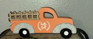 Primitive “Hello Fall” Vintage Orange Truck Shelf Sitter Wood  9” X 4.5” NEW - Picture 1 of 3