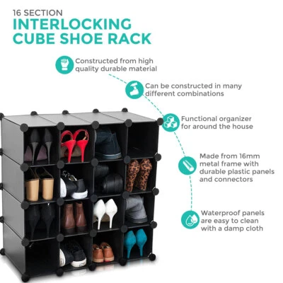 NEW Interlocking 16 Compartment Shoe Organiser Storage Cube Rack Black Unit  - Image 1 of 4