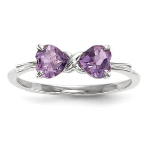 14K Solid White Gold Amethyst Bow Heart Ring - Picture 1 of 52