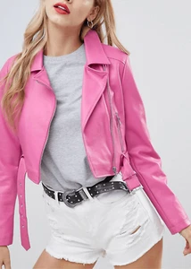 ASOS DESIGN Leather Look Biker Pink Faux Leather Jacket size 12 - Picture 1 of 15