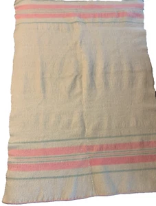 Vintage Homespun handgewebte Wolldecke creme mit rosa & blauen Streifen - Bild 1 von 7