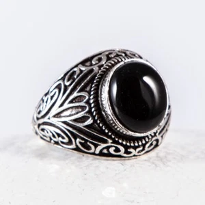 Silber Ring, Onyx, schwarz Herrenring, Oval, funkelnd, filigran gestaltet Gr. 63 - Bild 1 von 3
