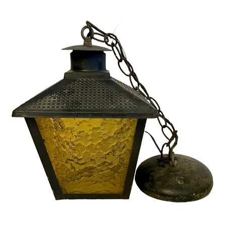 Vintage Cottage Tudor Bungalow Amber Glass Porch Hanging Light Fixture + Canopy Cover
