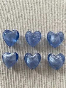 6 Handmade Glass Silver Foil Lampwork 20mm Hearts Beads - Blue - Picture 1 of 5