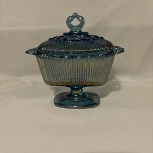 Vintage Indiana Carnival Glass Lace Edge Iridescent Blue Lidded Candy Dish! - Bild 1 von 9