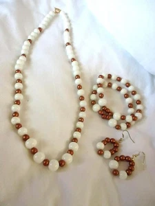 23" Necklace Bracelet & Earring Set Upcycled by Scrap Ditty White & Bronze Beads - Picture 1 of 5