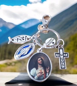 Religious keepsake Jesus keyring keychain with clasp holy Mary & 3 more charms - Picture 1 of 3