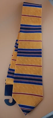 Oscar De La Renta Para Hombre 100% Amarillo Seda Con Rayas Azul Marino y Rojo Foto 1 de 4