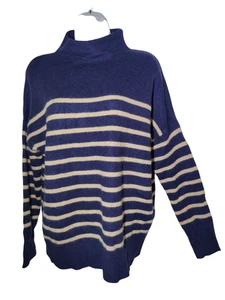 Magaschoni 100% Kaschmir Pullover Stehkragen gestreift dunkelblau beige M neu ohne Etikett - Bild 1 von 7