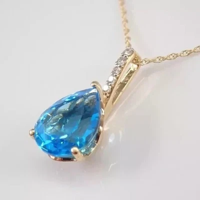 3Ct Pear Cut Simulated Blue Topaz Pretty Pendant Chain In 14k Yellow Gold Plated - Image 1 of 4