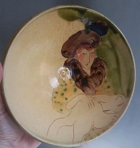 Beautiful Signed S. DURY Studio Pottery Hand Painted Bowl Lady With Cat - Picture 1 of 10