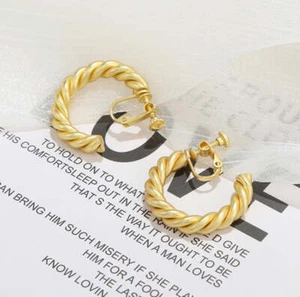 Clip on matte gold twisted open back hoop earrings - Picture 1 of 1