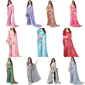 Sari de geoegette con estampado floral de georgette con pieza de blusa sin costuras - Imagen 1 de 88