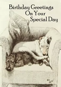 BULL TERRIER & SCOTTISH TERRIER DOG IN CHAIR BIRTHDAY GREETINGS NOTE CARD - Foto 1 di 1