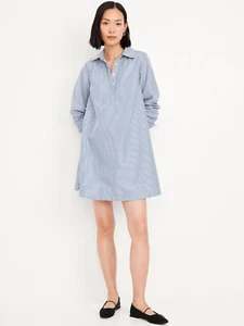 NWT Old Navy Loose Mini Shirt Dress 2X 20 22 Blue Stripe Long Sleeve Relaxed - Picture 1 of 12
