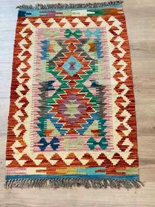Afghan Handmade Kilim Multi Colour Wool Living Room Aztec Kilim Rug 58x89cm - Picture 1 of 3