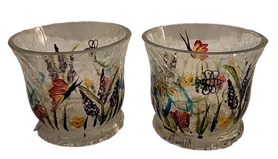 Yankee Lot of 2 Candle Clear Crackle Glass Butterfly Floral tea light holder NWT - Image 1 of 4