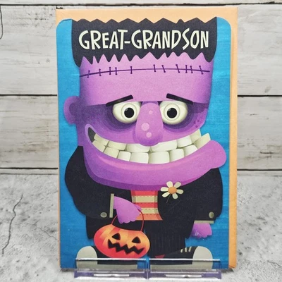 Tarjeta de felicitación de Halloween para bisnieto Frankenstein sello azul púrpura Foto 1 de 4