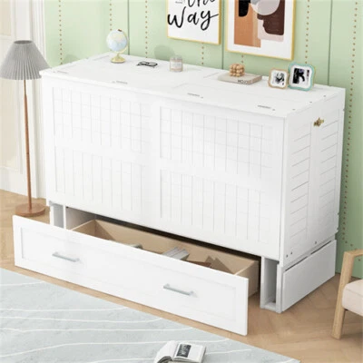 Cama Murphy móvil tamaño queen con cajón y pequeños estantes a cada lado, blanca Foto 1 de 4