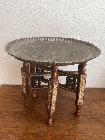 Antique Moorish Brass Tray Table on Inlaid Folding Stand Cover