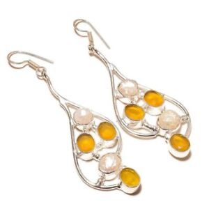 Yellow Chalcedony, Biwa Pearl Gemstone Silver Overlay Handmade Drop Earrings