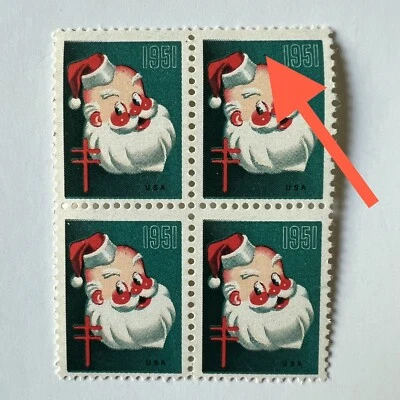 ERROR 1951 CHRISTMAS SEAL BLOCK WITH BLACK DOT ABOVE HEAD MNH - Image 1 of 4
