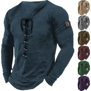 Mens Lace Up Long Sleeve T-Shirt Gym Fitness Muscle Tee Slim Fit Shirts Tops US - Picture 1 of 22